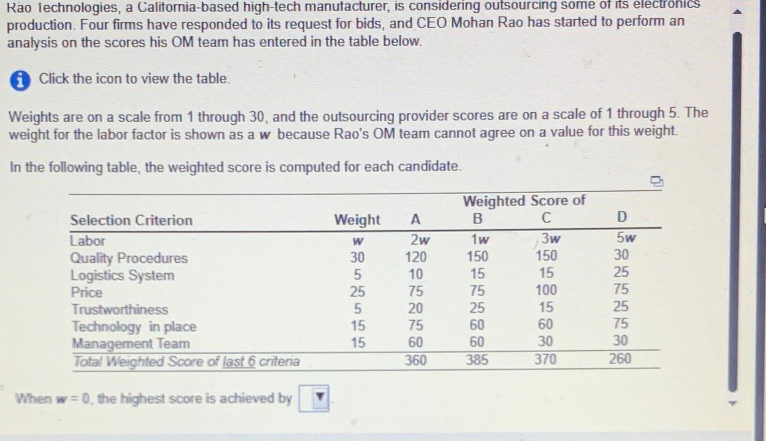  Kao lechnologies, a Calitornia-based high-tech manutacturer, is considering outsourcing some of