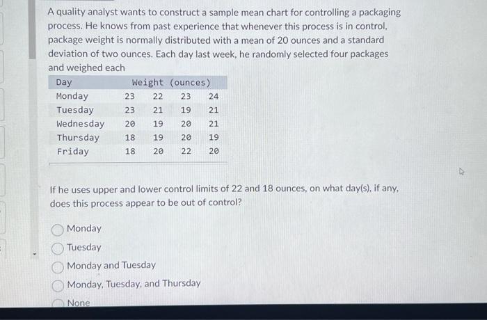  A quality analyst wants to construct a sample mean chart for