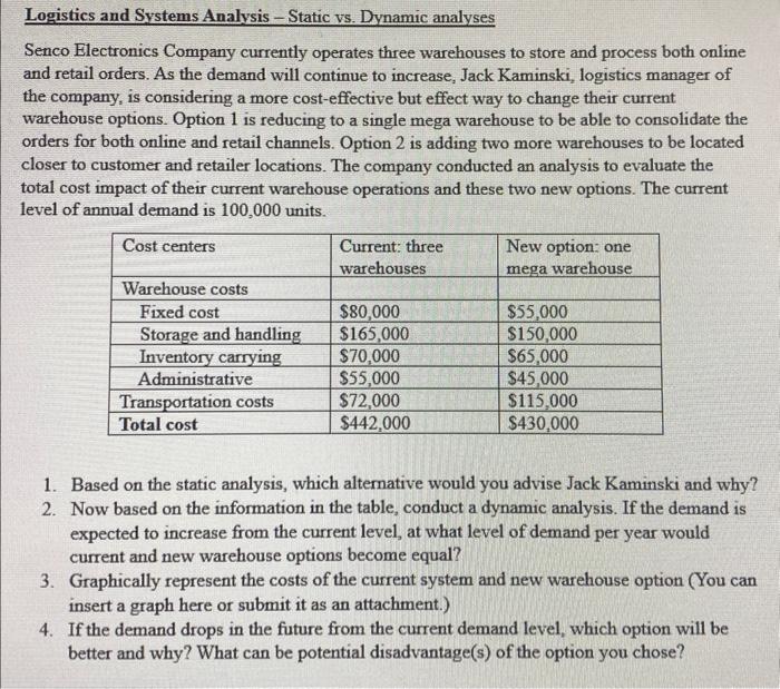 HELP ASAP PLEASE! Logistics and Systems Analysis - Static vs. Dynamic analyses