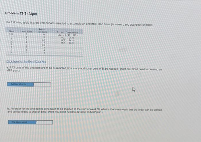  Problem 13-3 (Algo) The following table lists the components needed to
