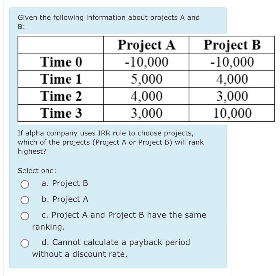  Given the following information about projects A and B : \table[[,Project