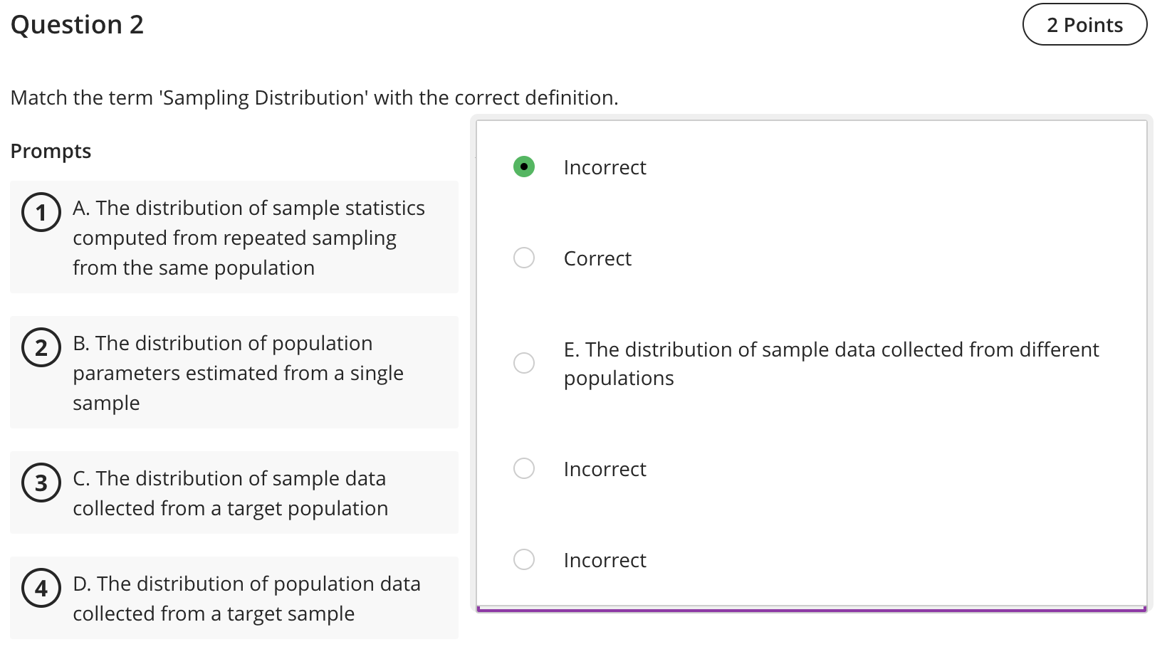 the correct definition. Prompts A. A sampling method where individuals or items
