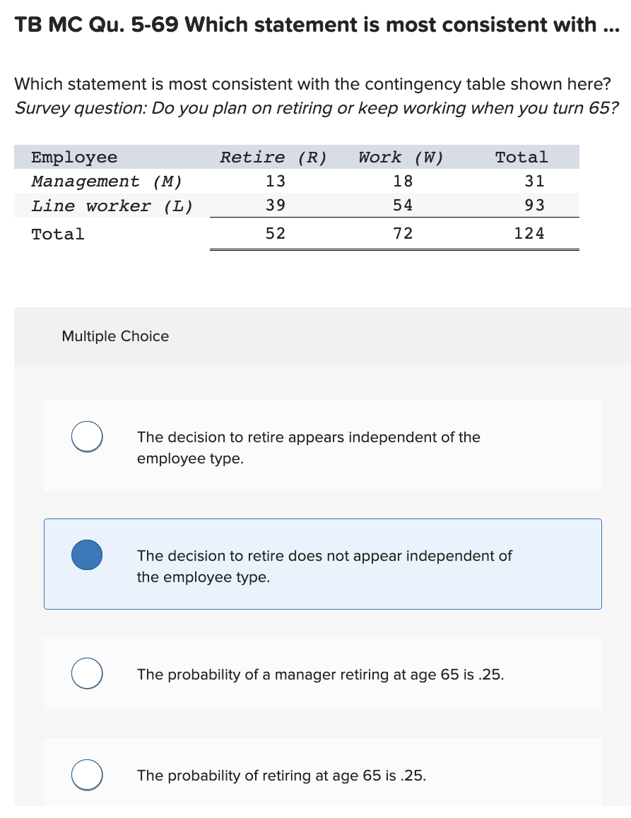 1. TB MC Qu. 5-69 Which statement is most consistent with Which
