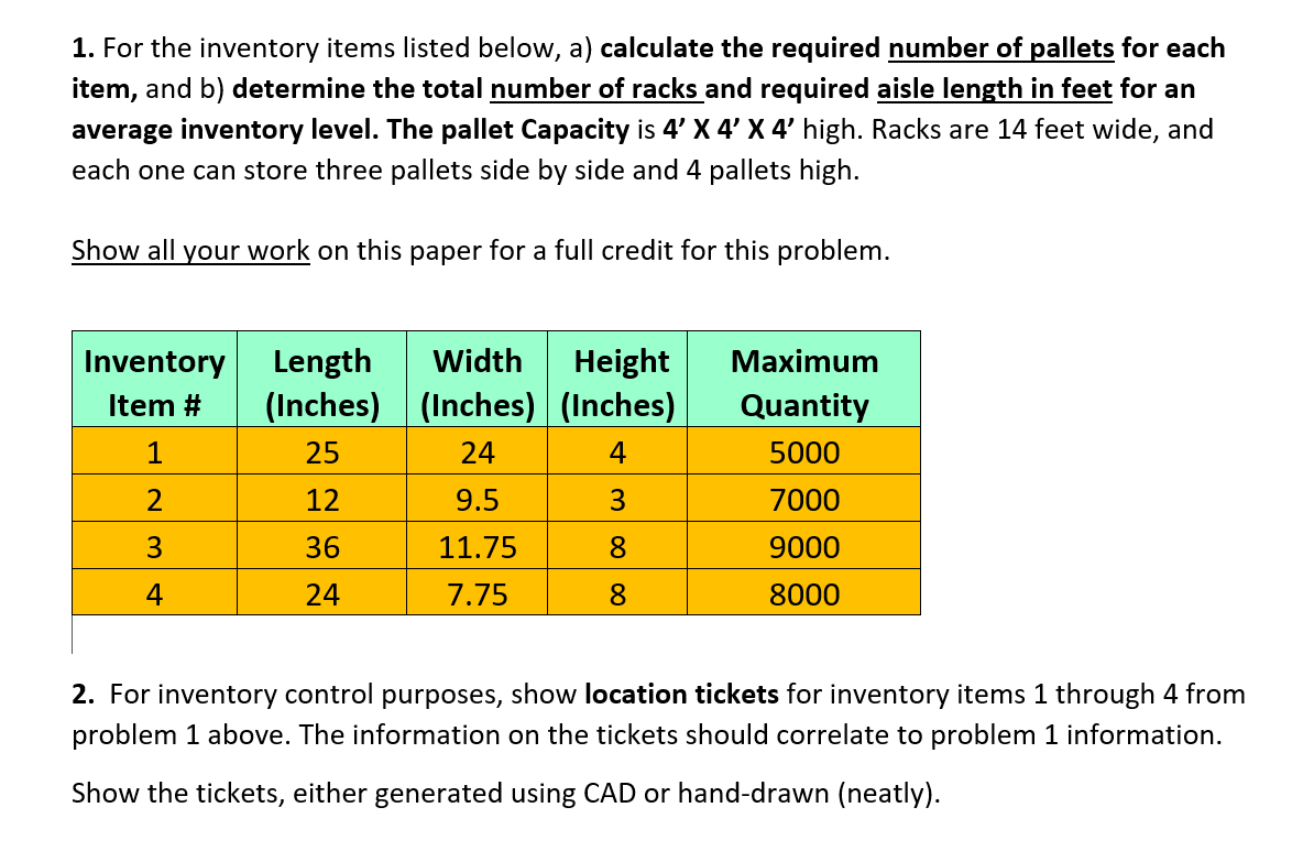  1. For the inventory items listed below, a) calculate the required