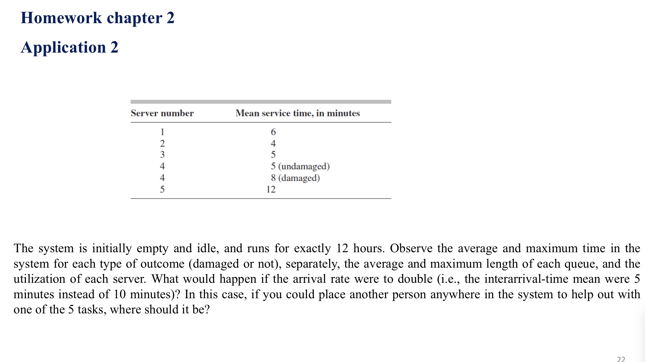 as follows. Suits arrive with exponential interarrival times having mean 10 minutes,