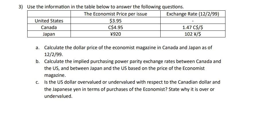  Use the information in the table below to answer the following
