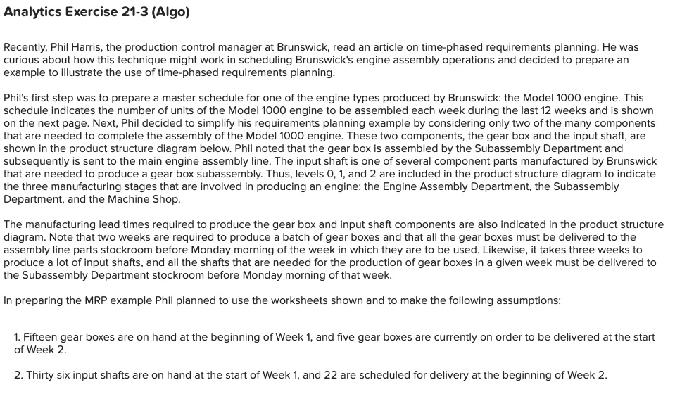 Analytics Exercise 21-3 (Algo) Recently. Phil Harris, the production control manager