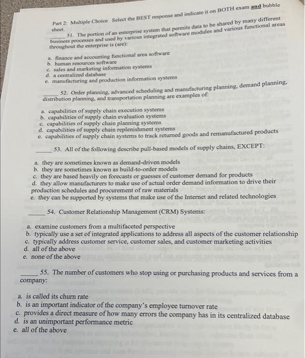  Part 2: Multiple Choice Select the BEST response and indicate it