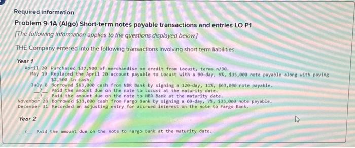  Required information Problem 9-1A (Algo) Short-term notes payable transactions and entries