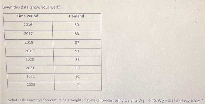  Given this data (show your work): Time Period 2016 2017 2018