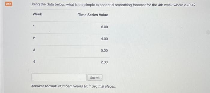  Using the data below, what is the simple exponential smoothing forecast