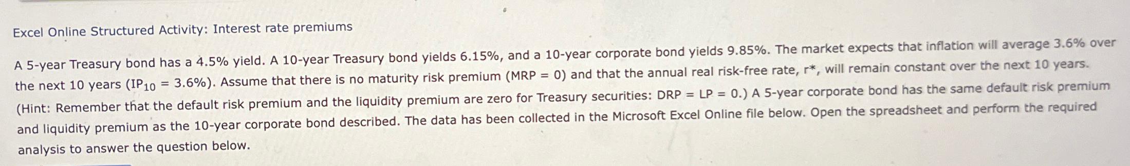  Excel Online Structured Activity: Interest rate premiums analysis to answer the