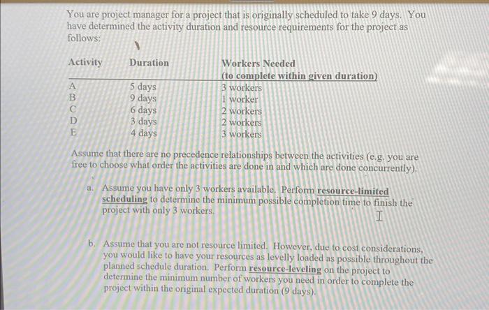  You are project manager for a project that is originally scheduled