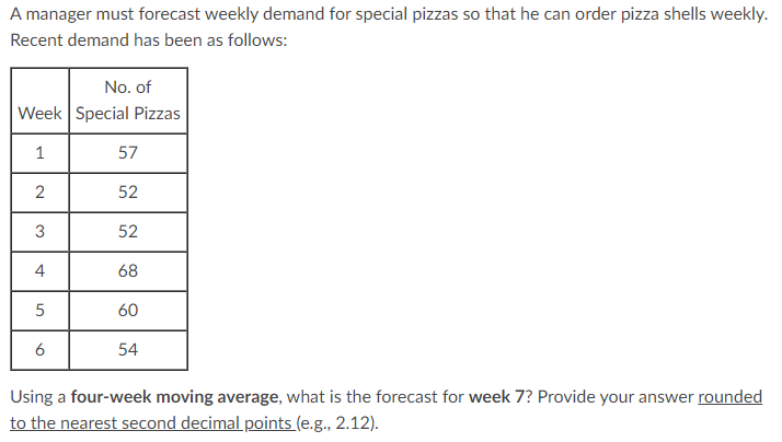 A manager must forecast weekly demand for special pizzas so that