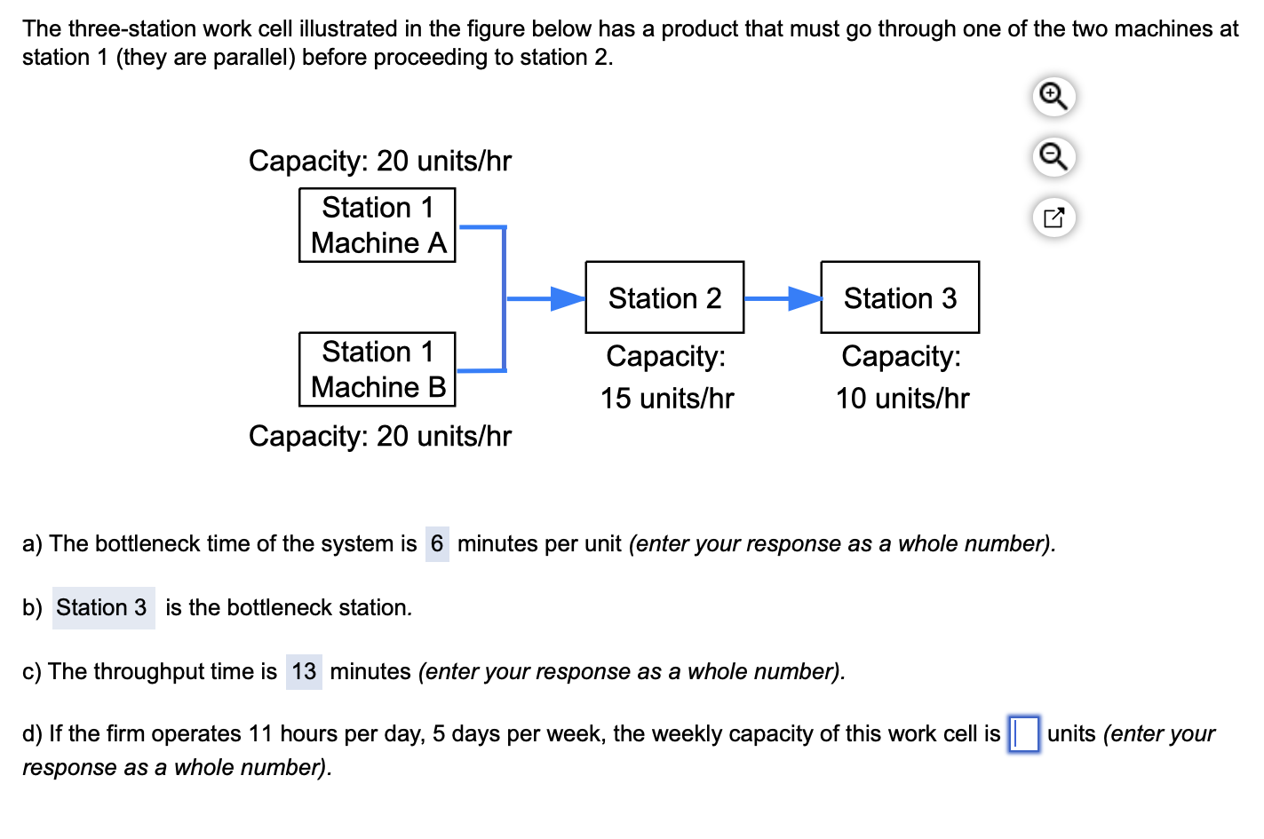 Please help me solve d.) I thought it was 55(total hours)/6min (bottleneck