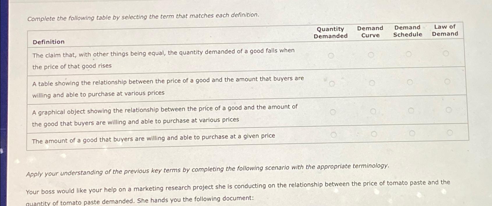  Complete the following table by selecting the term that matches each
