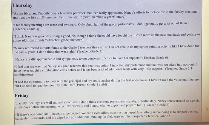 Notice demographic details such as grade level, interviewee role, and tenure. 2.