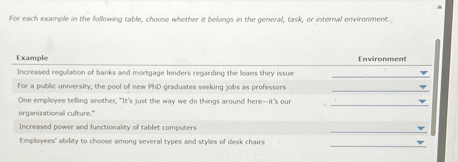  For each example in the following table, choose whether it belongs