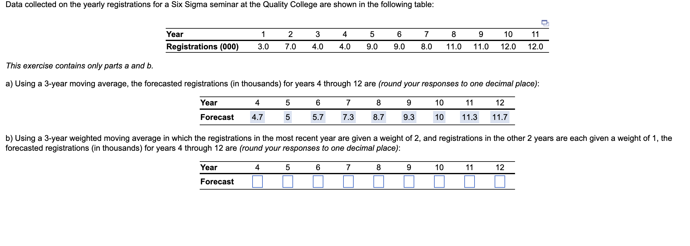  Data collected on the yearly registrations for a Six Sigma seminar