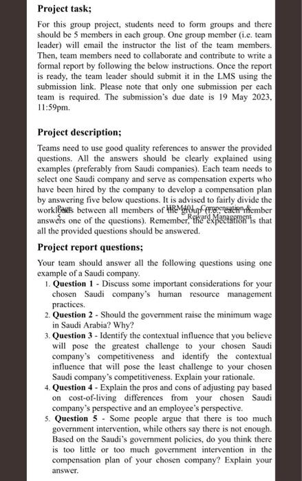  Project task; For this group project, students need to form groups