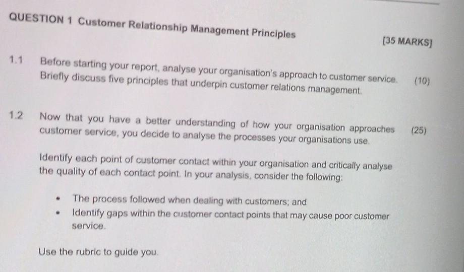  QUESTION 1 Customer Relationship Management Principles [35 MARKS] 1.1 Before starting