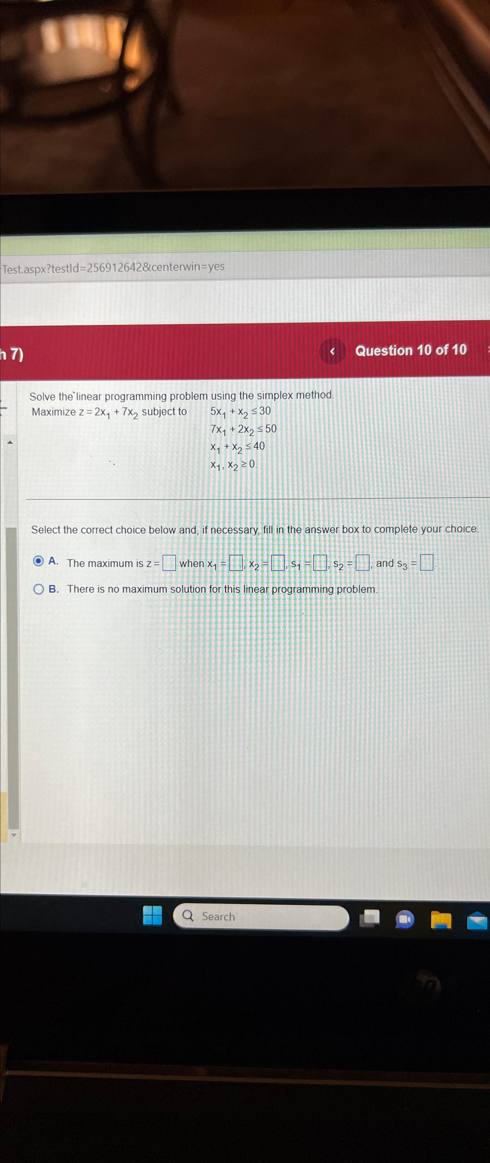  Test.aspx?testld=2569126428centerwin=yes Question 10 of 10 Solve the linear programming problem using
