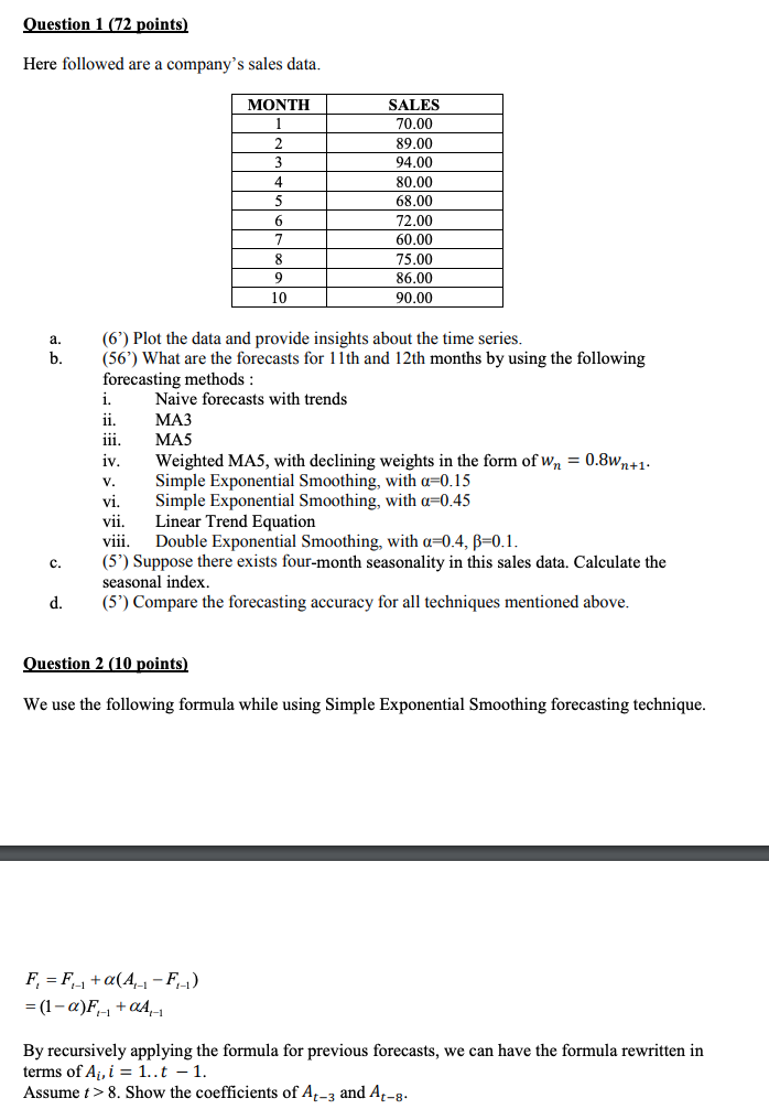  Here followed are a company's sales data. a. (6') Plot the