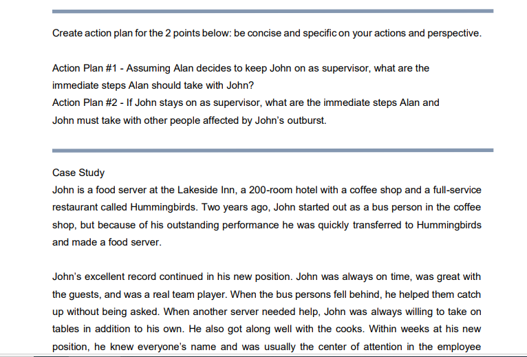  Create action plan for the 2 points below: be concise and