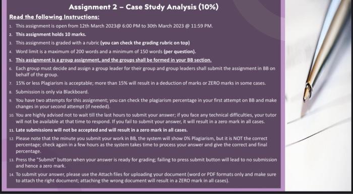  Assignment 2 - Case Study Analysis (10\%) Read the following Instructions: