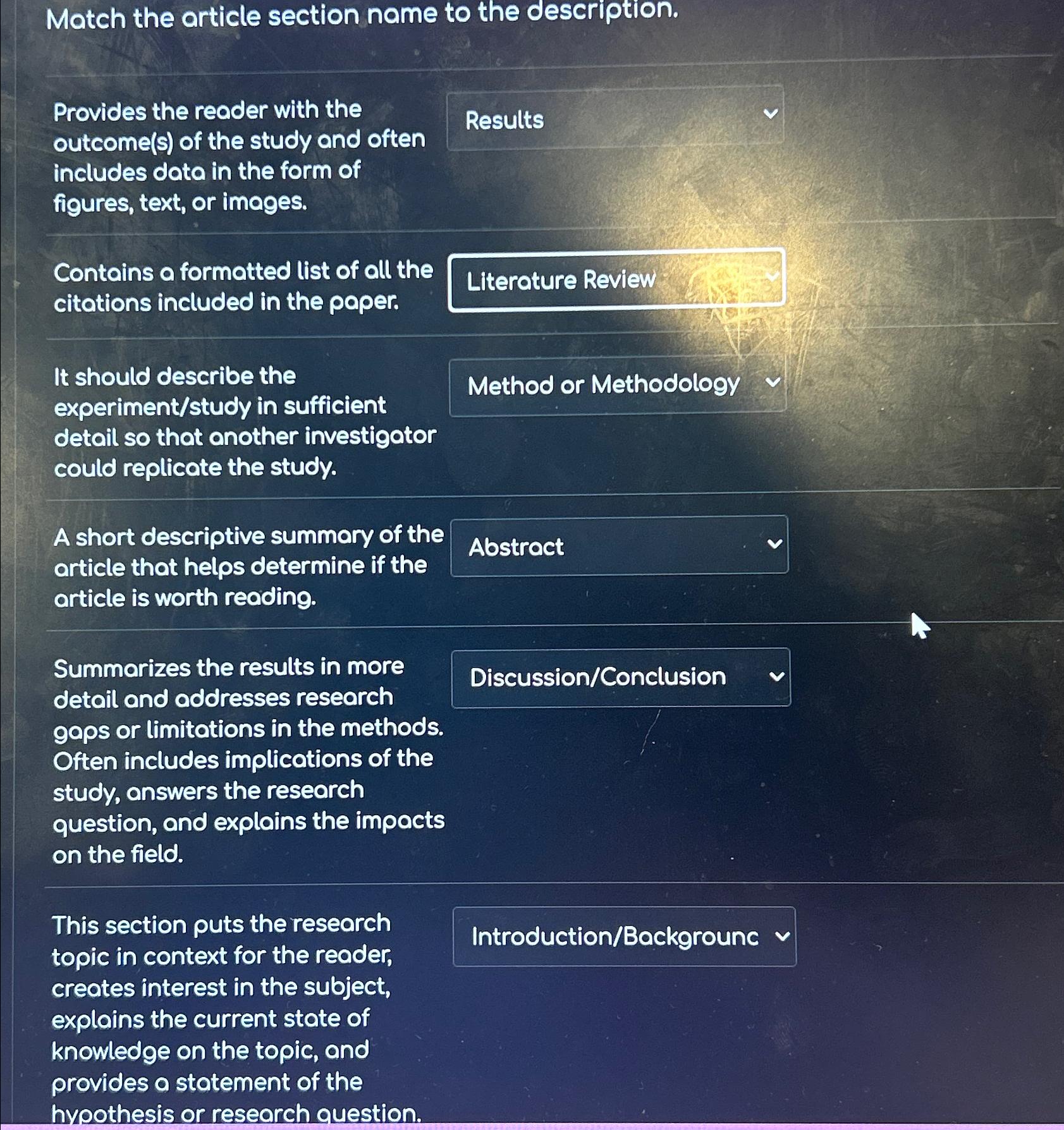  Match the article section name to the description. Provides the reader