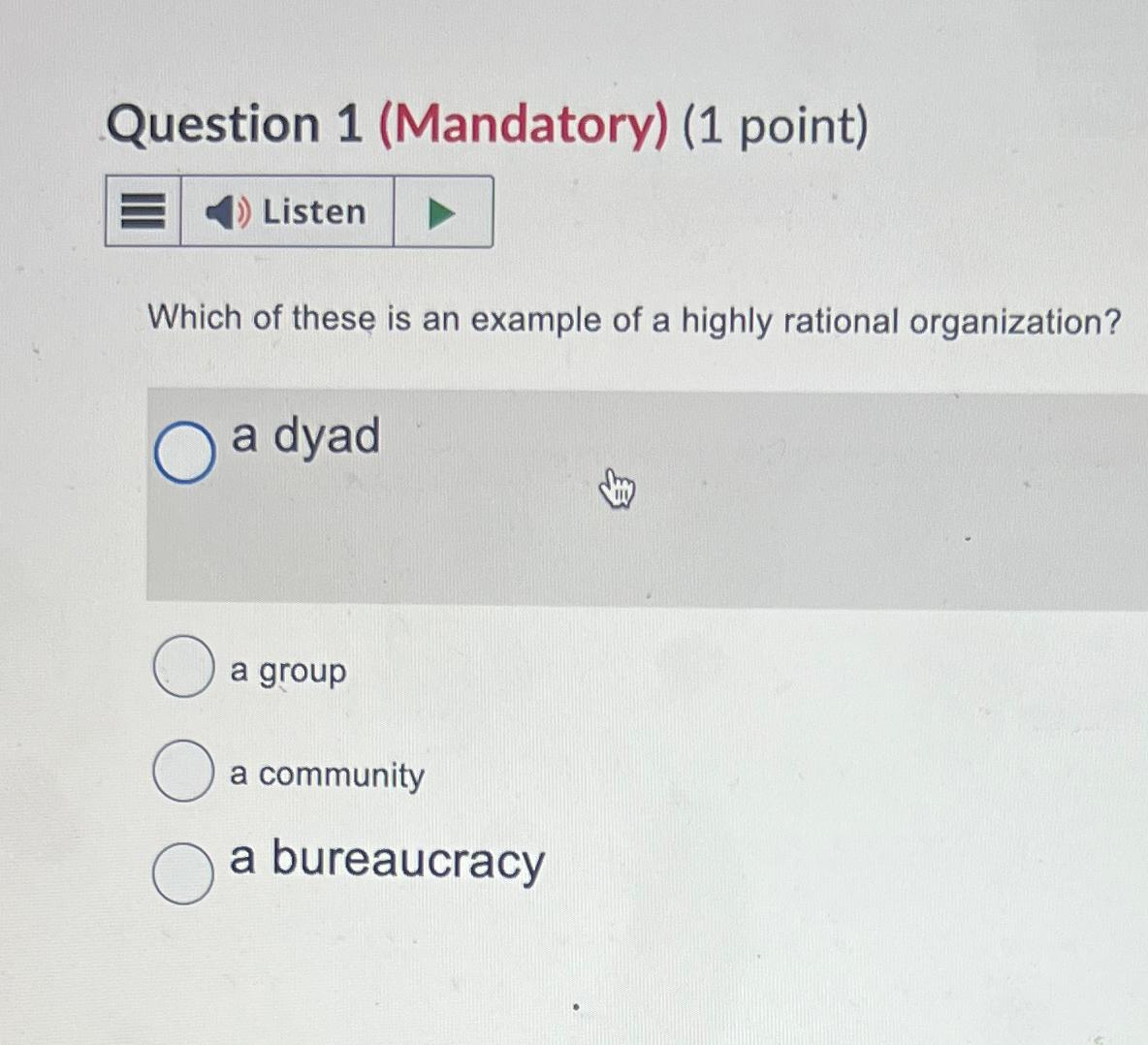  Question 1(Mandatory)(1 point) Which of these is an example of a