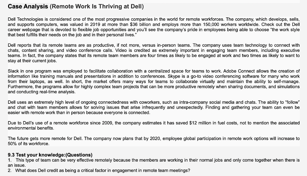 Case Analysis (Remote Work Is Thriving at Dell) Dell Technologies is