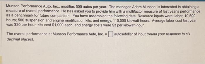  Munson Performance Auto, Inc., modifies 500 autos per year. The manager,