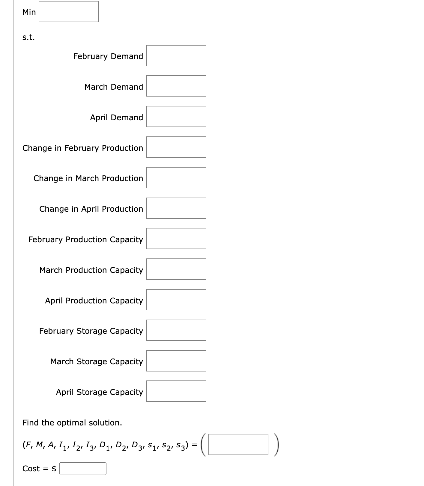 s.t. February Demand March Demand April Demand Change in February Production Change