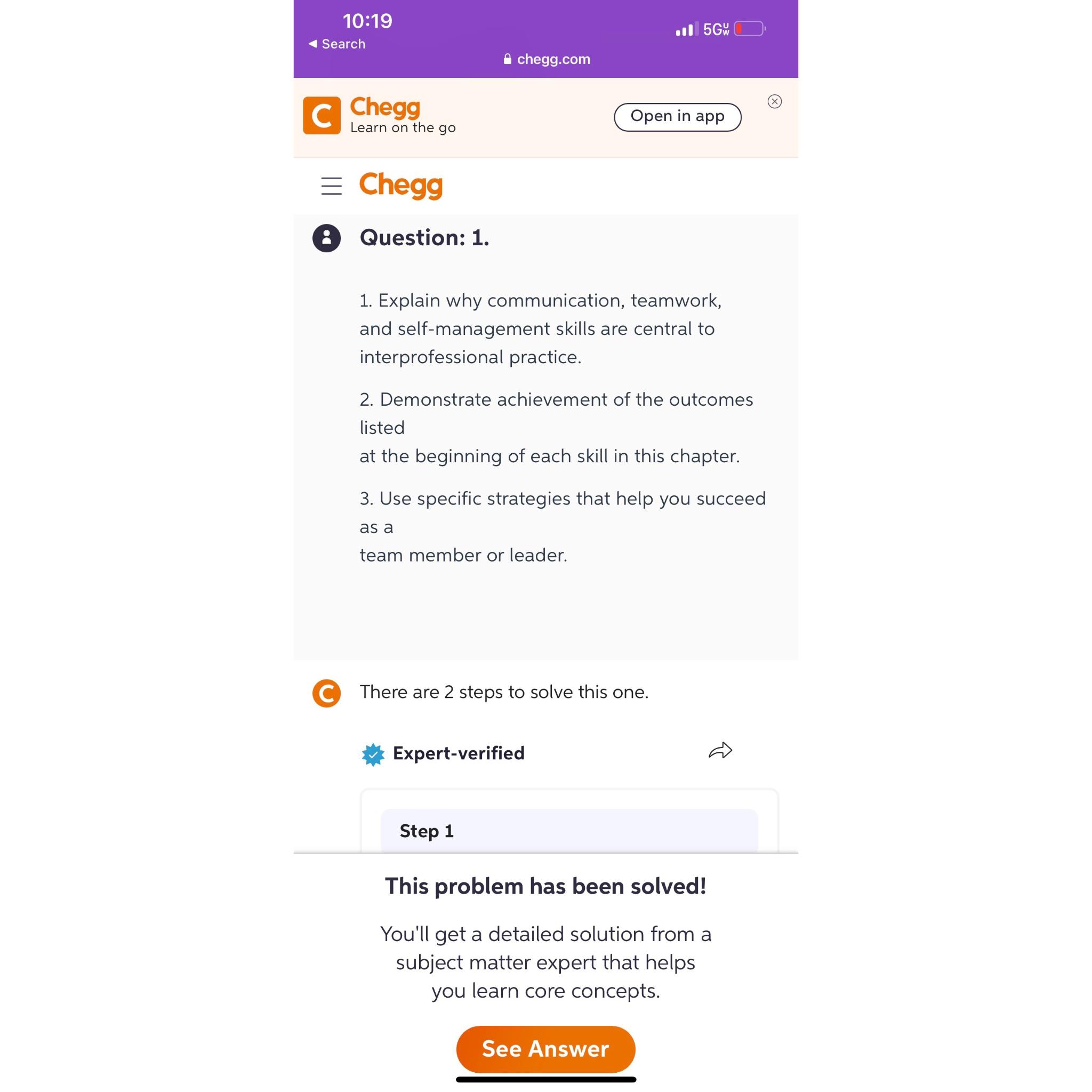  10:19 Search -Il 5Gw chegg.com Chegg Open in app -= Chegg