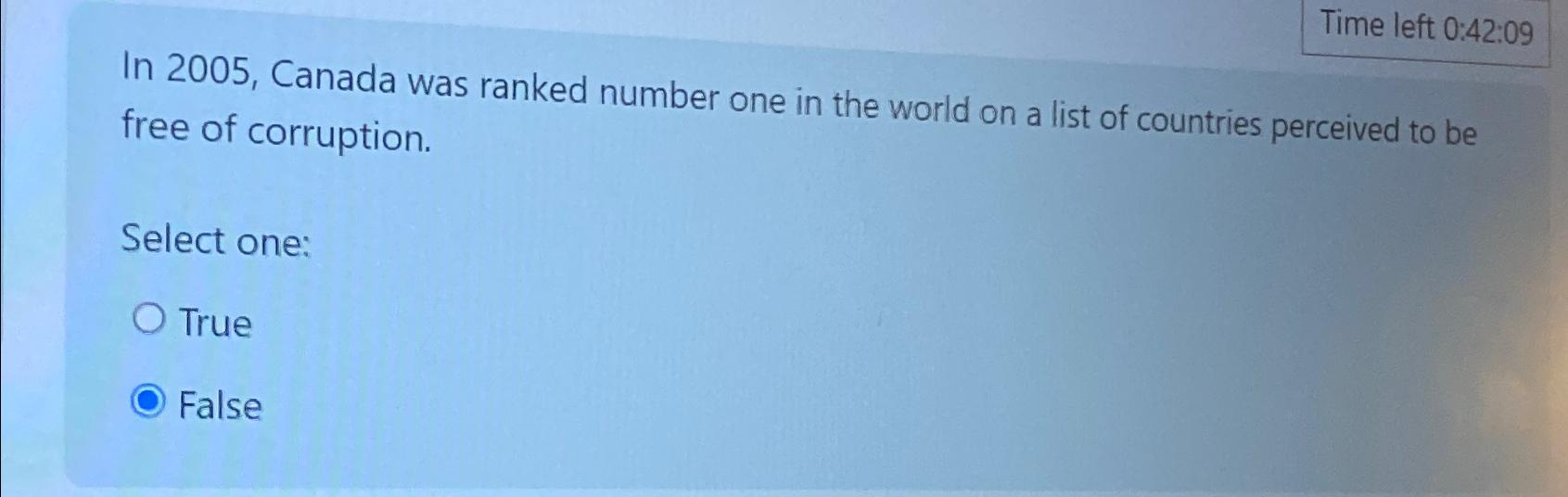  Time left 0:42:09 In 2005, Canada was ranked number one in