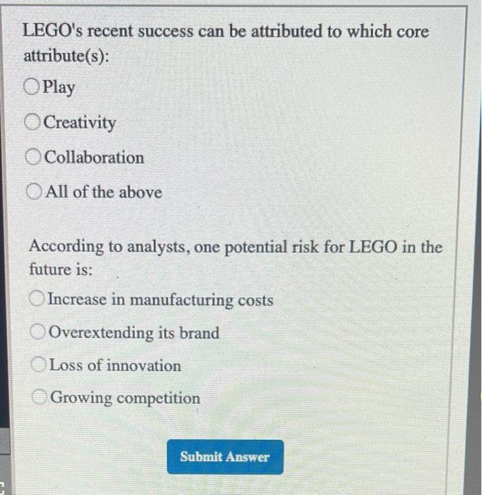  LEGO's recent success can be attributed to which core attribute(s): Play