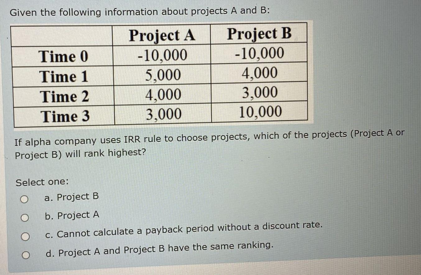  Given the following information about projects A and B : \table[[,Project