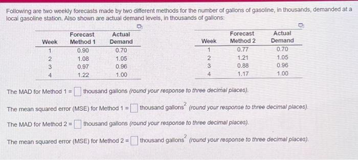  Following are two weekly forecasts made by two different methods for