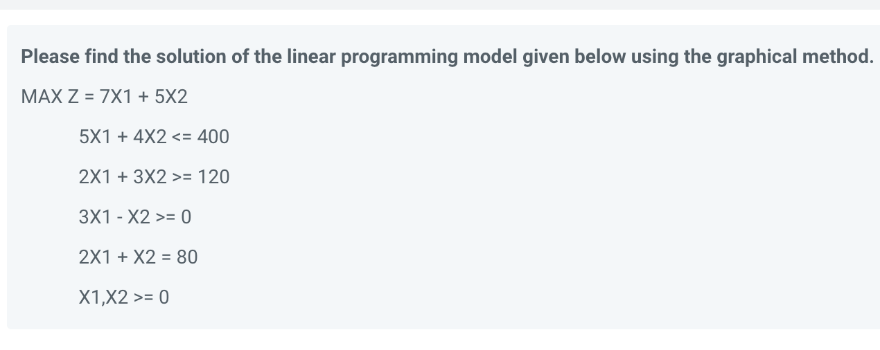  Please find the solution of the linear programming model given below