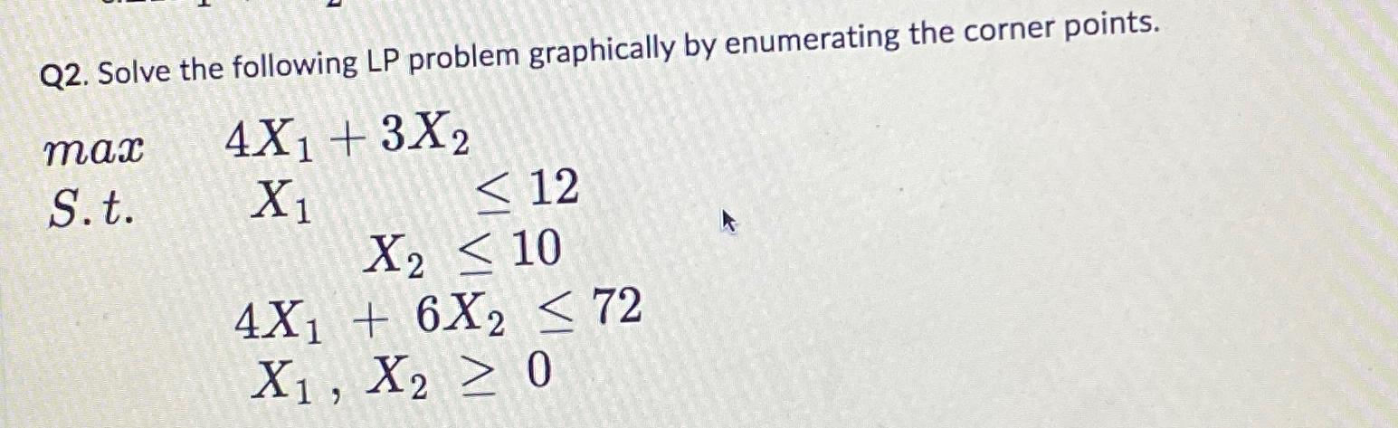  Q2. Solve the following LP problem graphically by enumerating the corner