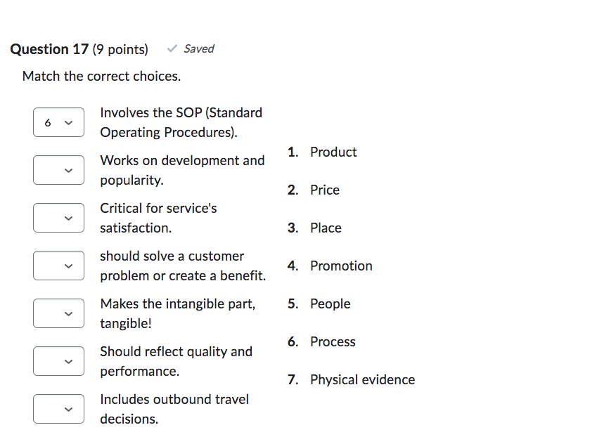 Match the correct choices. Involves the SOP (Standard Operating Procedures). Works