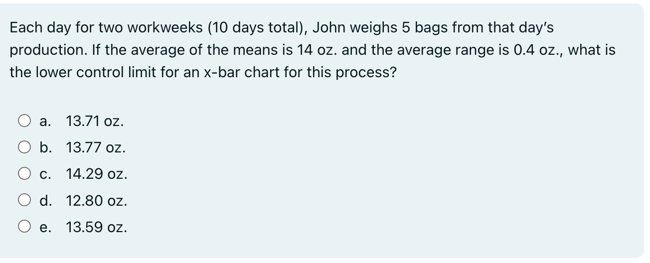 Each day for two workweeks (10 days total), John weighs 5 bags