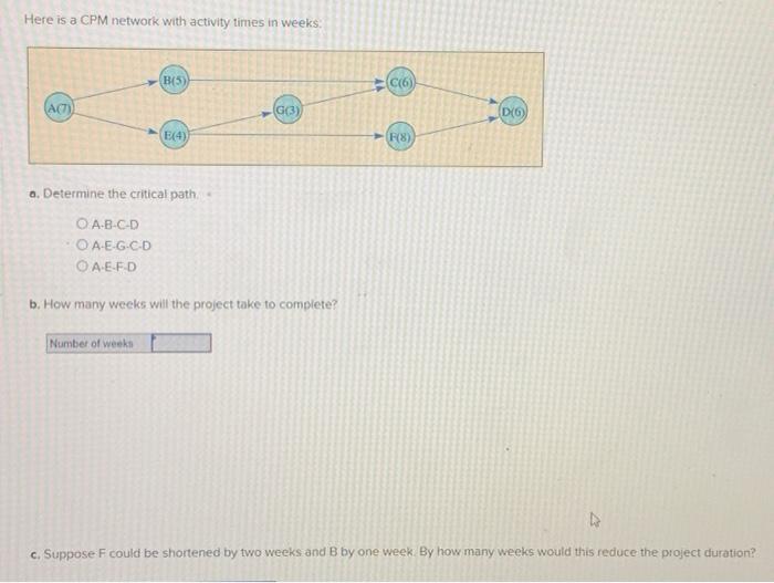  Here is a CPM network with activity times in weeks: a.