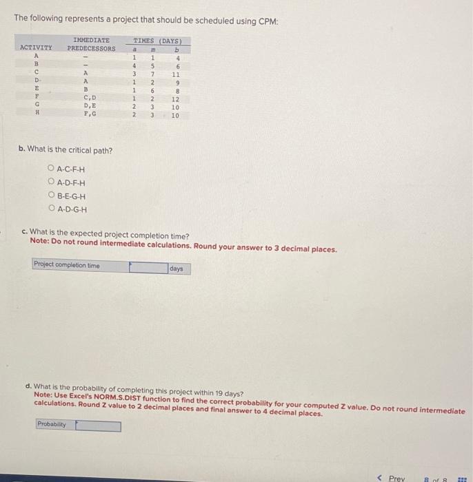  The following represents a project that should be scheduled using CPM:
