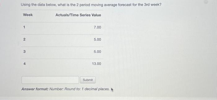 Using the data below, what is the 2 period moving average forecast