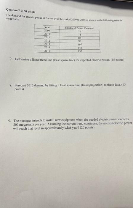  Question 7-9) 50 points The demand for electric power at Barton