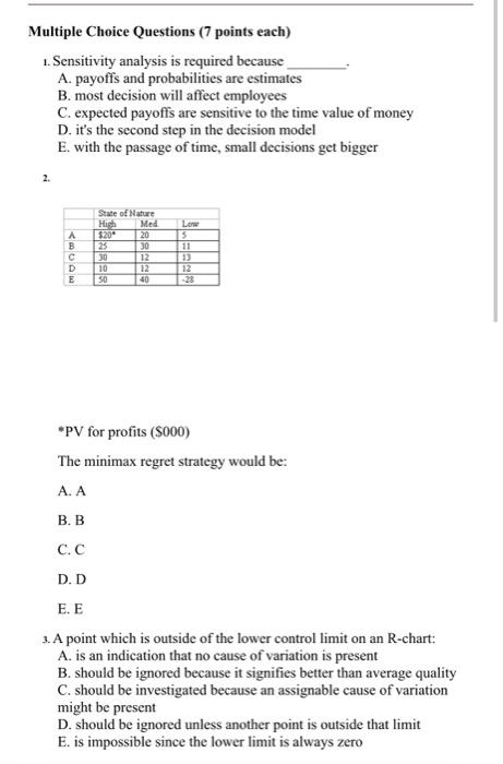  Multiple Choice Questions (7 points each) 1. Sensitivity analysis is required