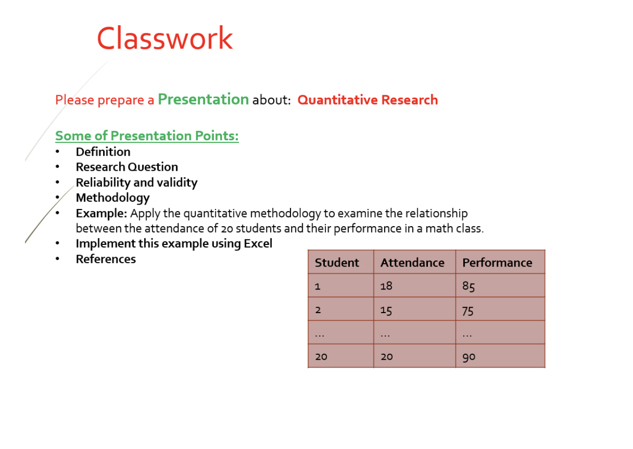  Classwork Please prepare a Presentation about: Quantitative Research Some of Presentation