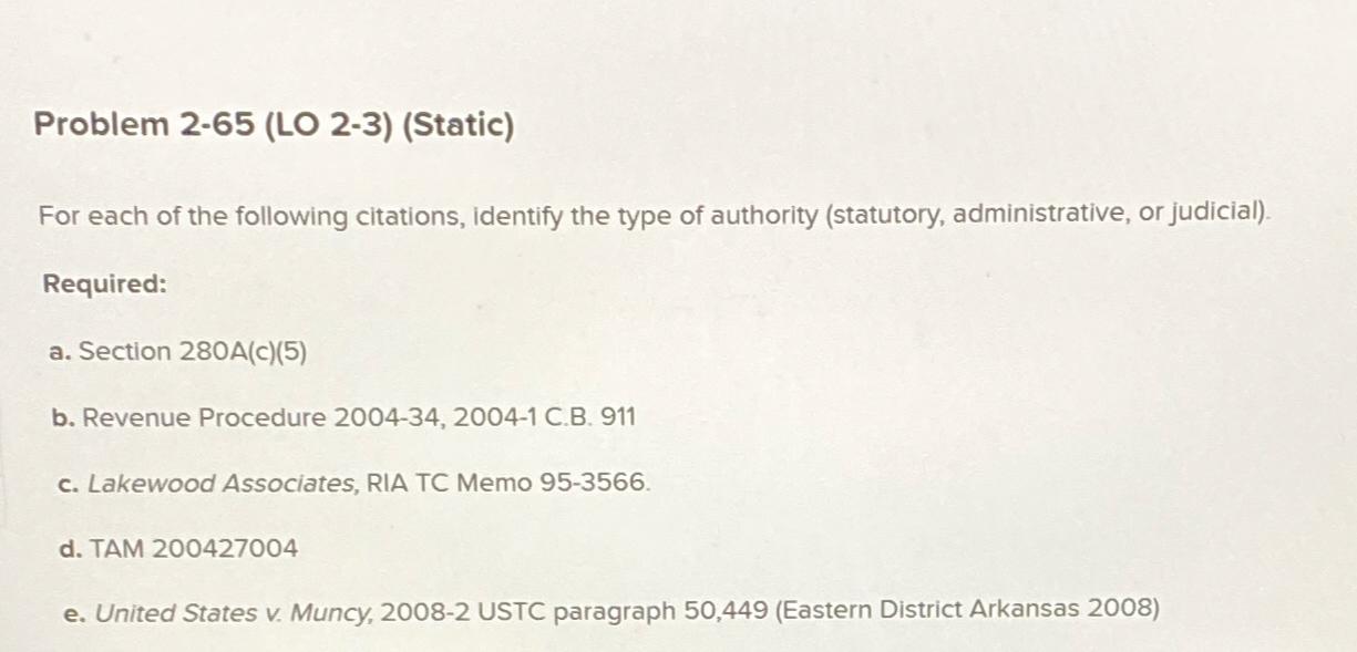  Problem 2-65(LO 2-3)(Static) For each of the following citations, identify the